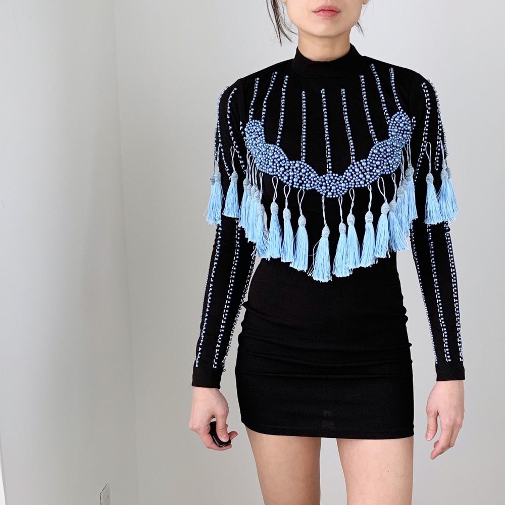 BEADED TASSEL BODYCON MINI DRESS - Picture 4 of 9